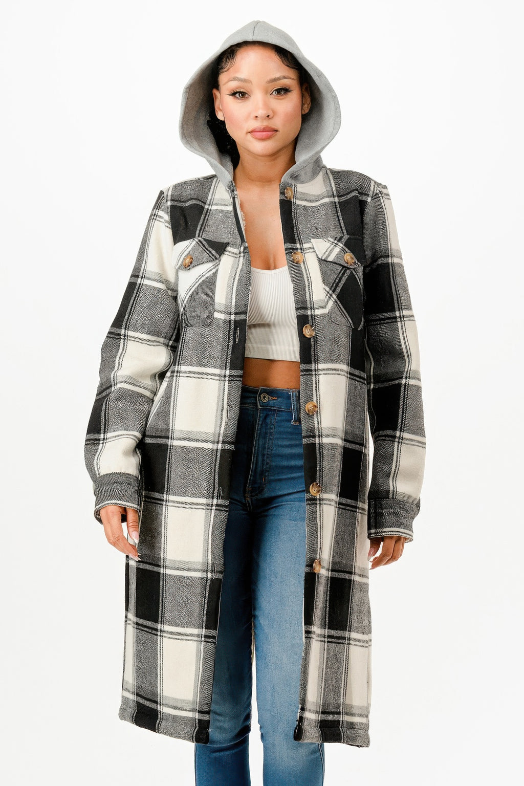 Crowned Energy CO. S GLANCE APPAREL COAT & JACKETS Hooded Plaid Coat