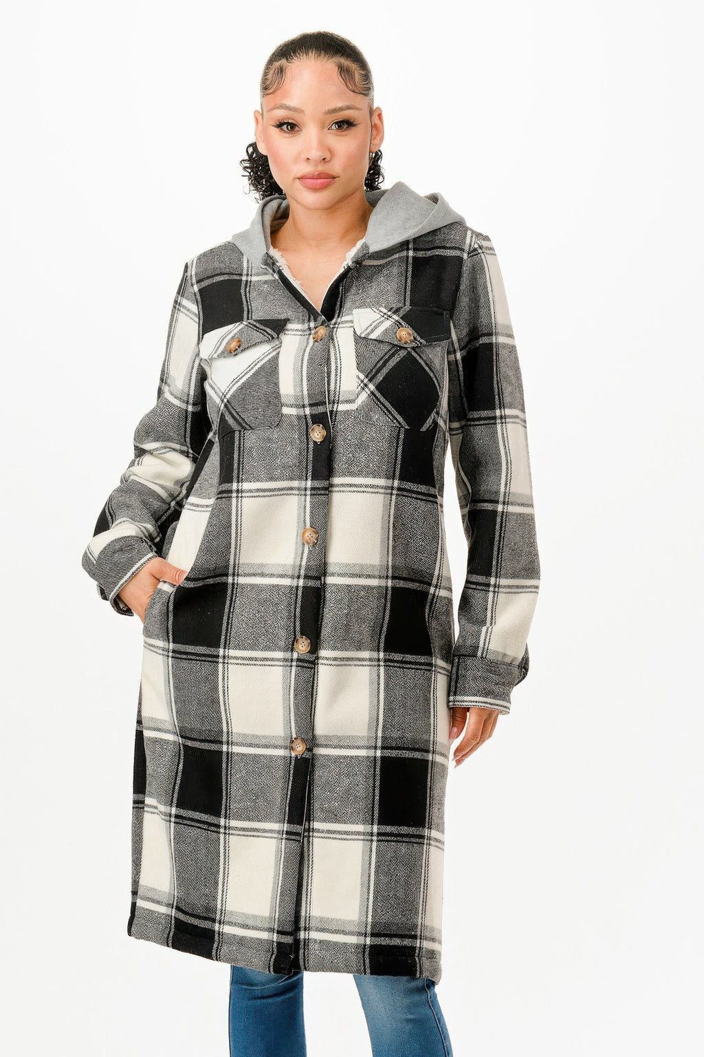 Crowned Energy CO. S GLANCE APPAREL COAT & JACKETS Hooded Plaid Coat