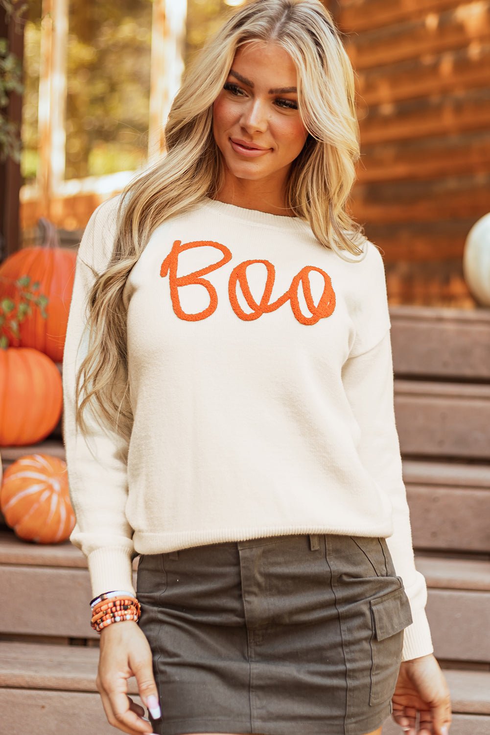 Apricot Boo Knitted Pattern Ribbed Edge Drop Shoulder Sweater - Crowned Energy CO.