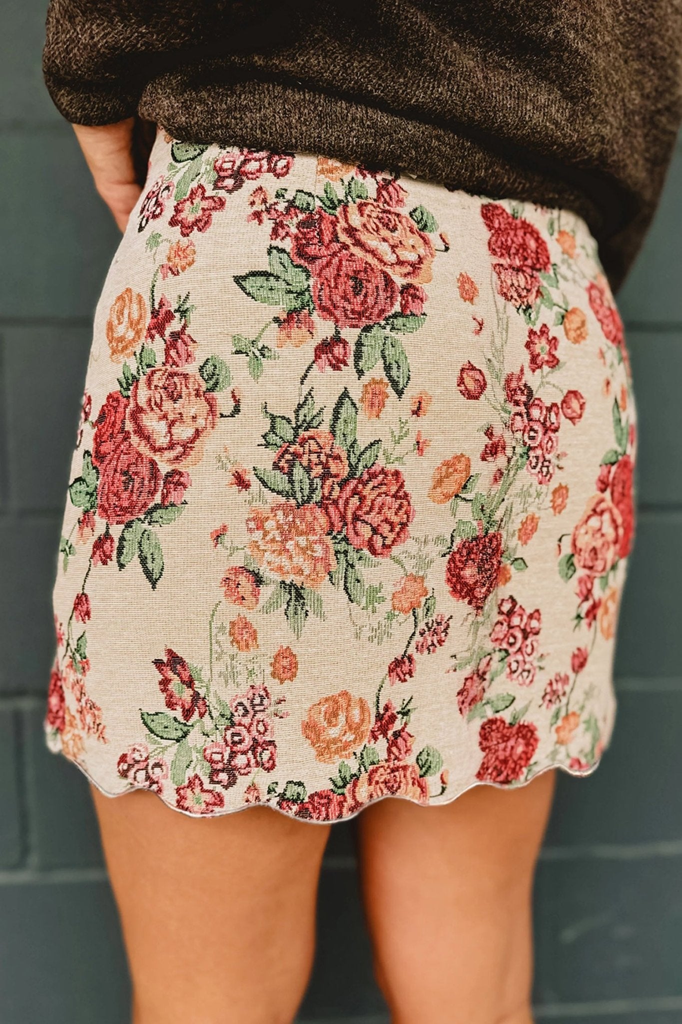 Apricot Buttoned Front Scalloped Trim Mini Jacquard Floral Skirt - Crowned Energy CO.
