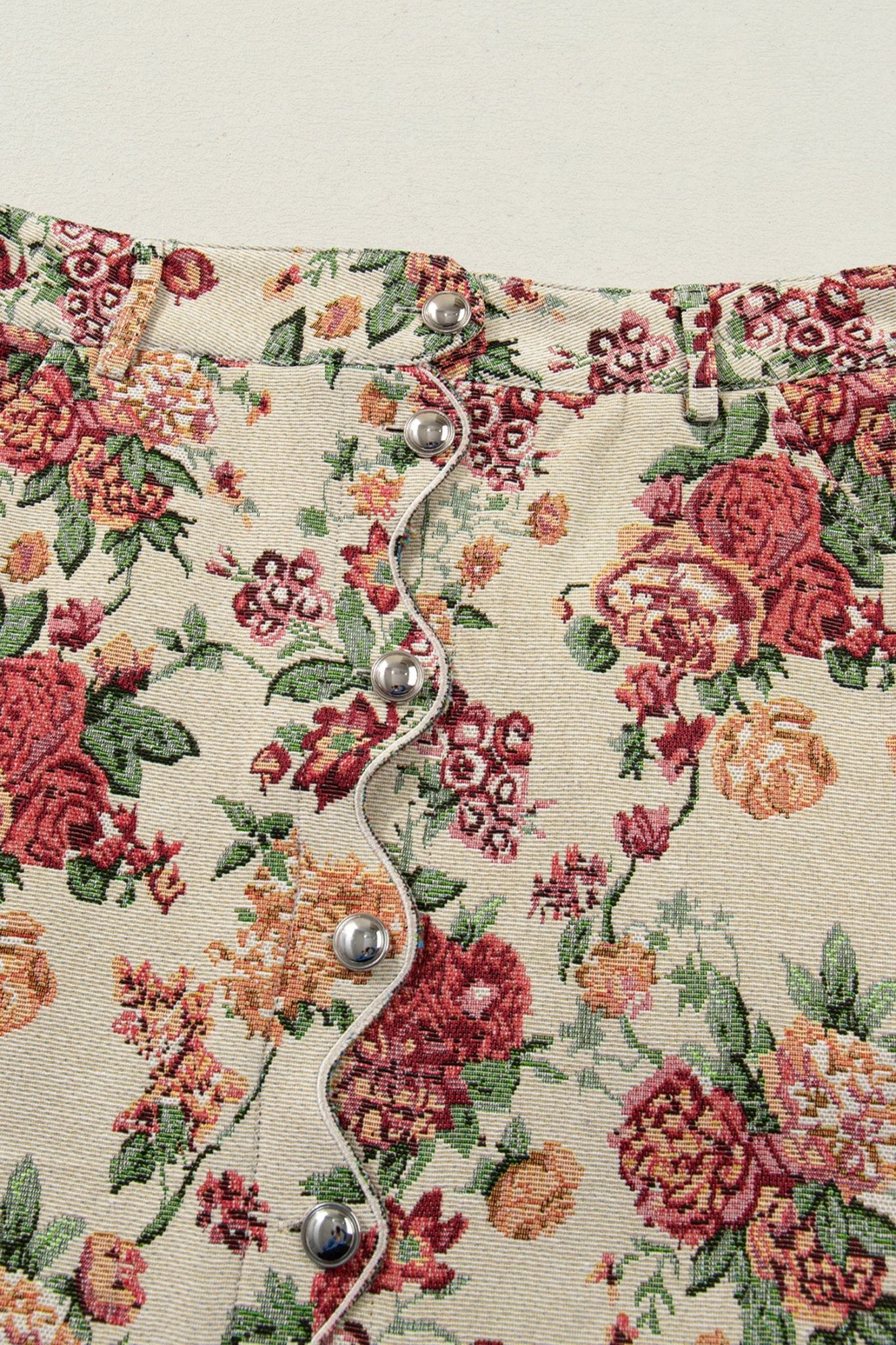 Apricot Buttoned Front Scalloped Trim Mini Jacquard Floral Skirt - Crowned Energy CO.