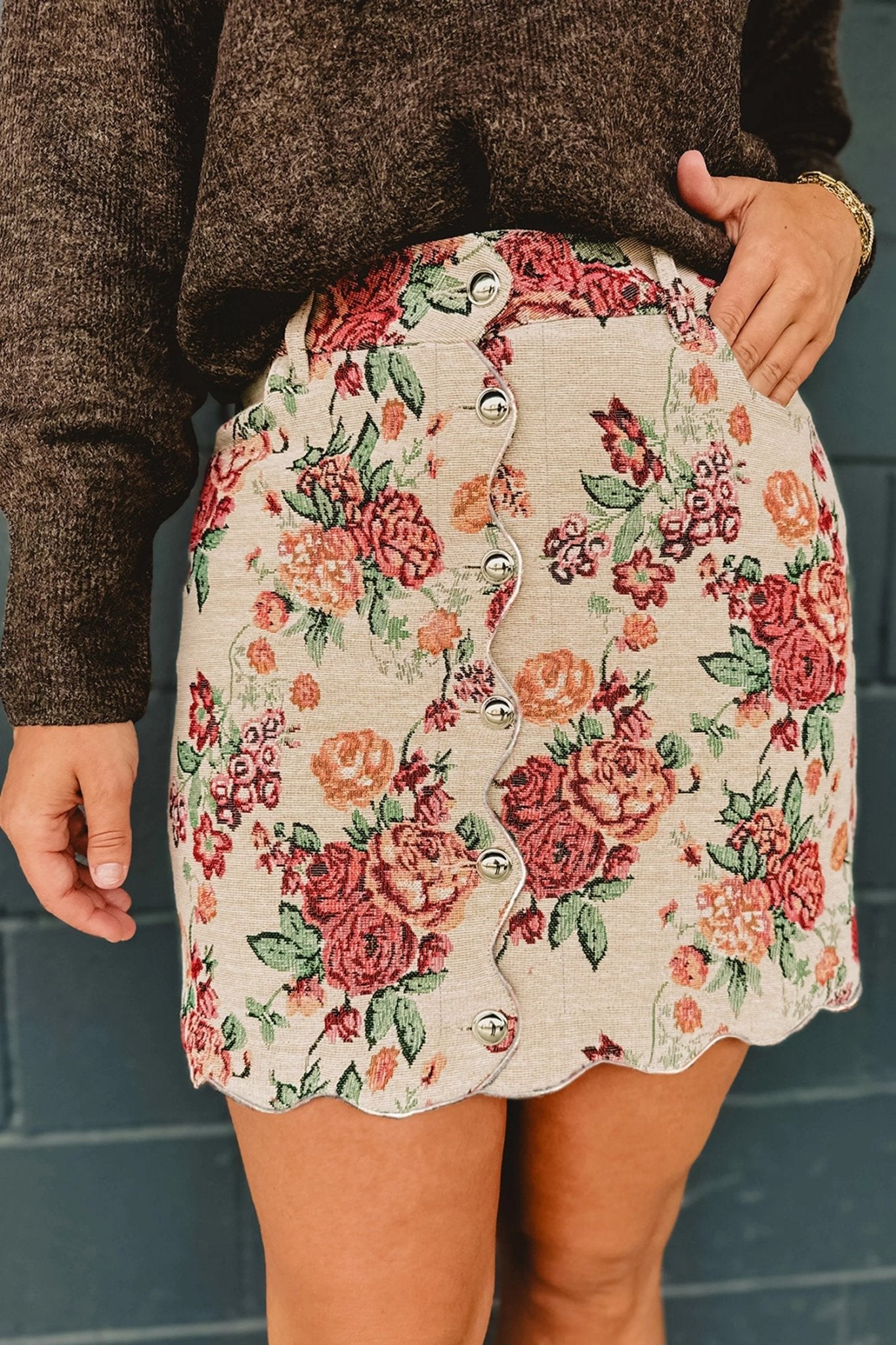 Apricot Buttoned Front Scalloped Trim Mini Jacquard Floral Skirt - Crowned Energy CO.