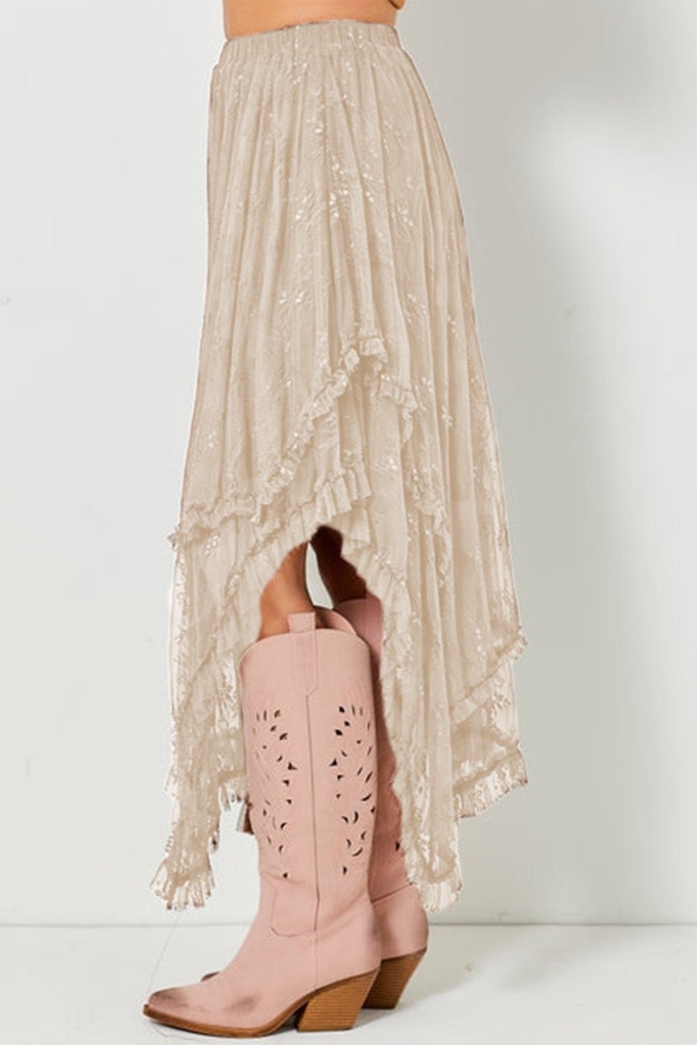 Apricot Lace Cascading Tiered High Waist Maxi Skirt - Crowned Energy CO.