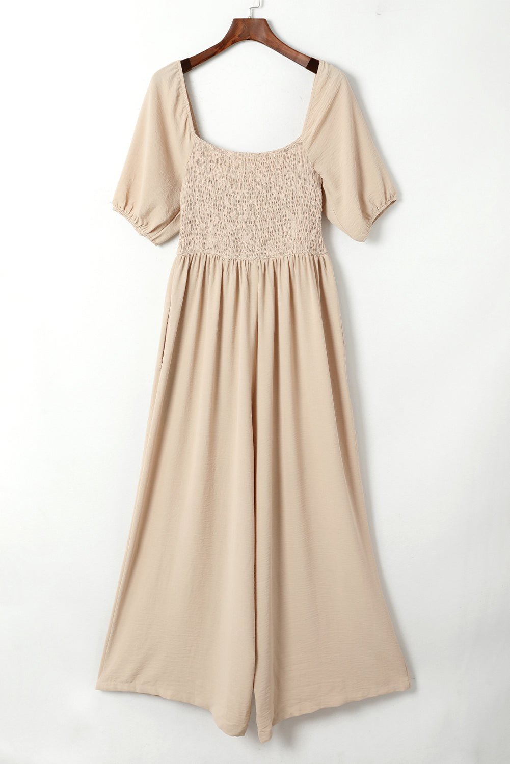 Apricot Short Bubble Sleeve Smocked Wide Leg Jumpsuit - Crowned Energy CO.