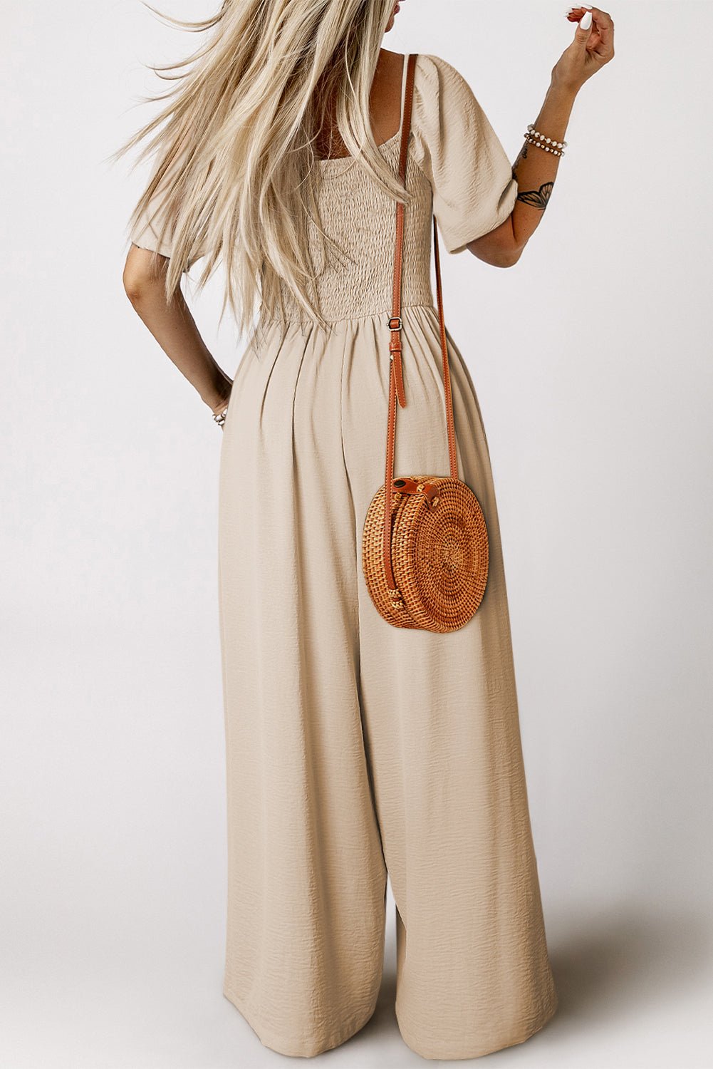 Apricot Short Bubble Sleeve Smocked Wide Leg Jumpsuit - Crowned Energy CO.