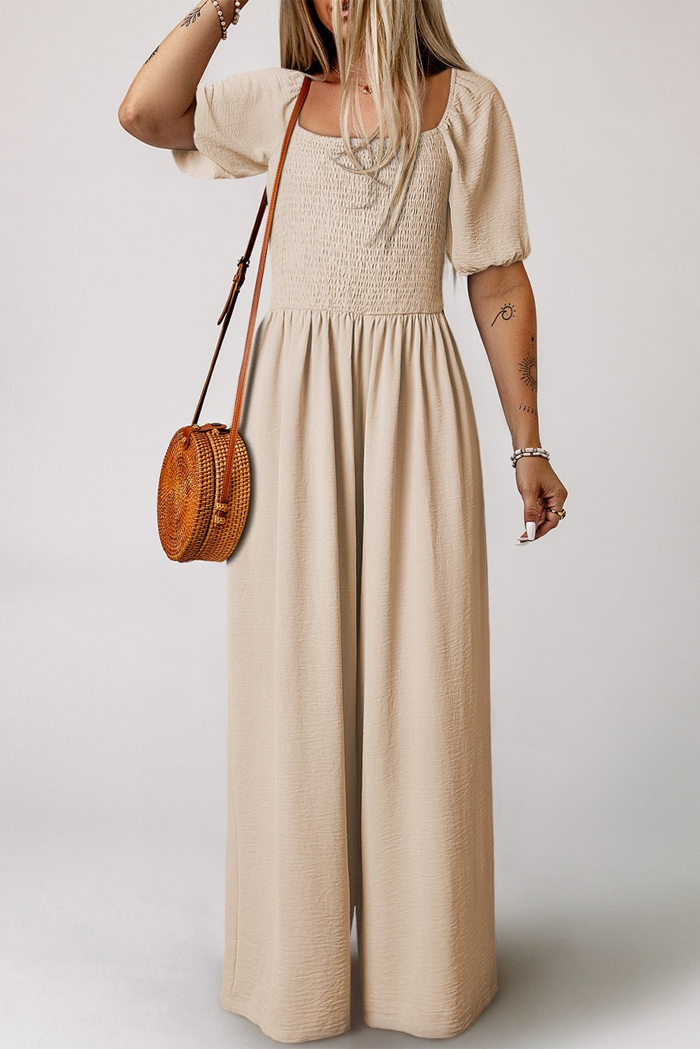Apricot Short Bubble Sleeve Smocked Wide Leg Jumpsuit - Crowned Energy CO.