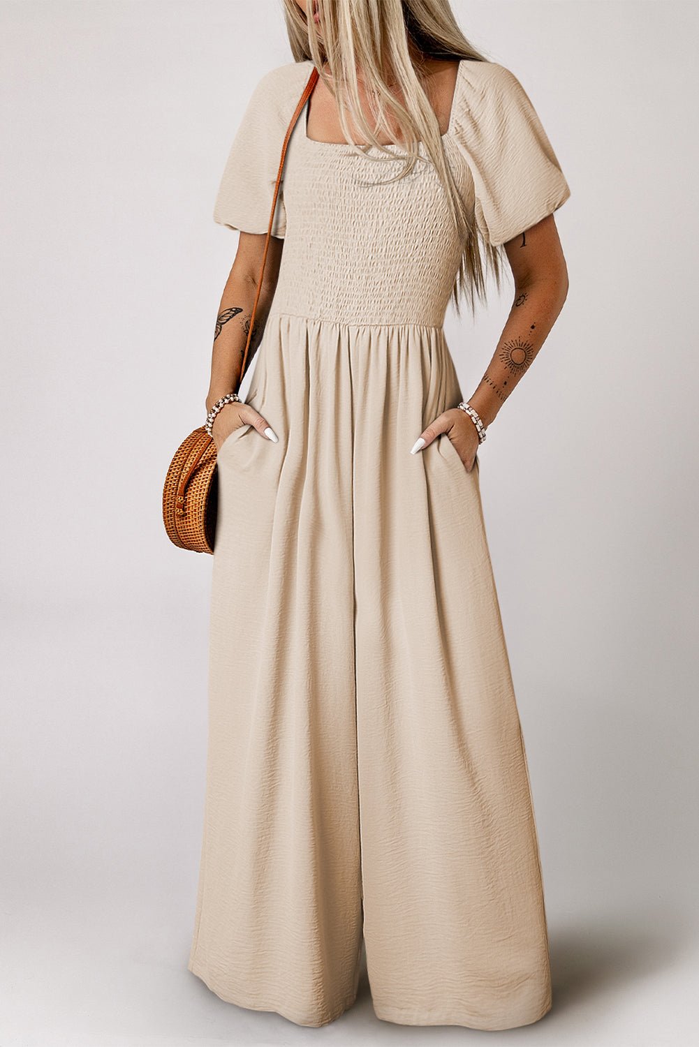 Apricot Short Bubble Sleeve Smocked Wide Leg Jumpsuit - Crowned Energy CO.