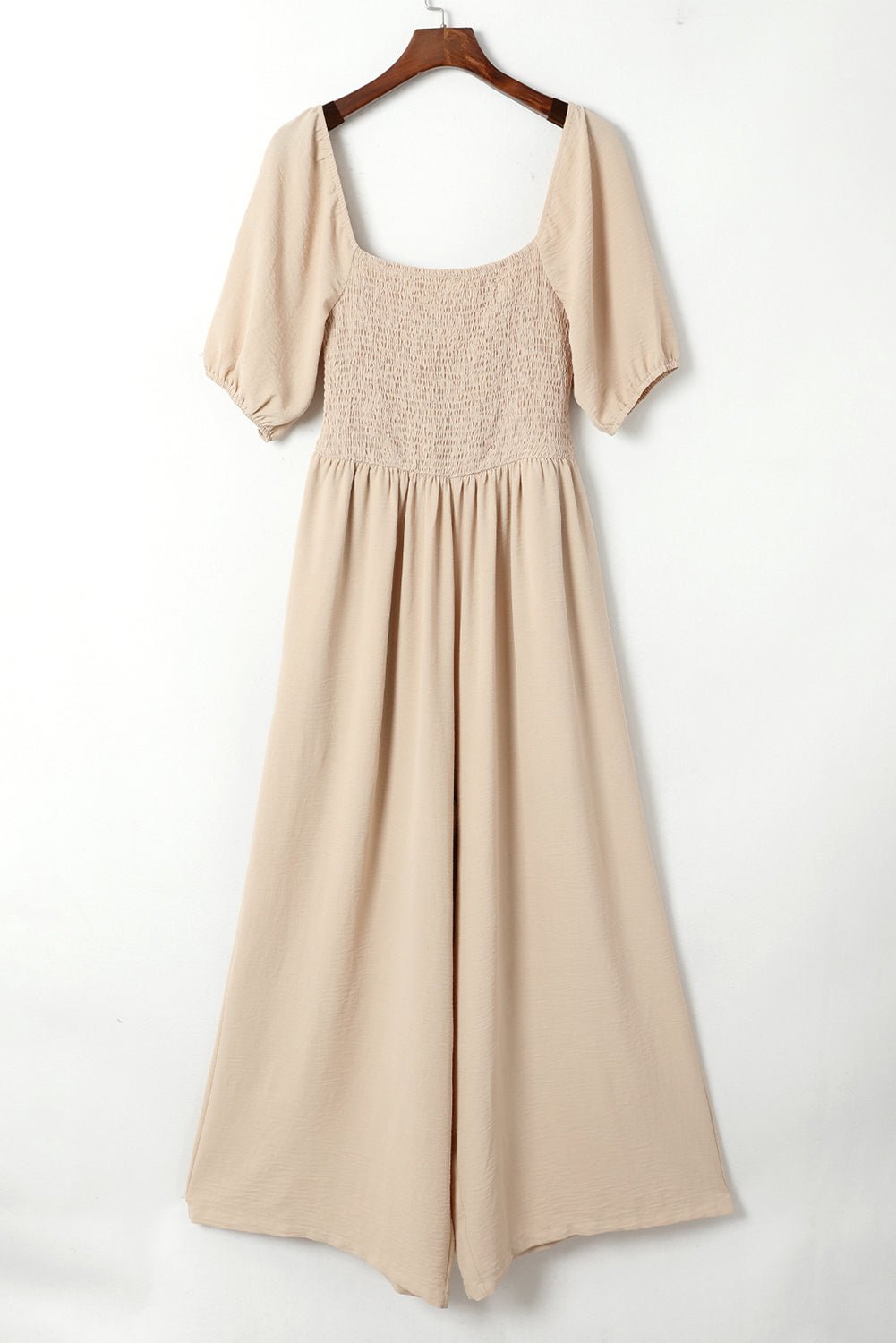 Apricot Short Bubble Sleeve Smocked Wide Leg Jumpsuit - Crowned Energy CO.