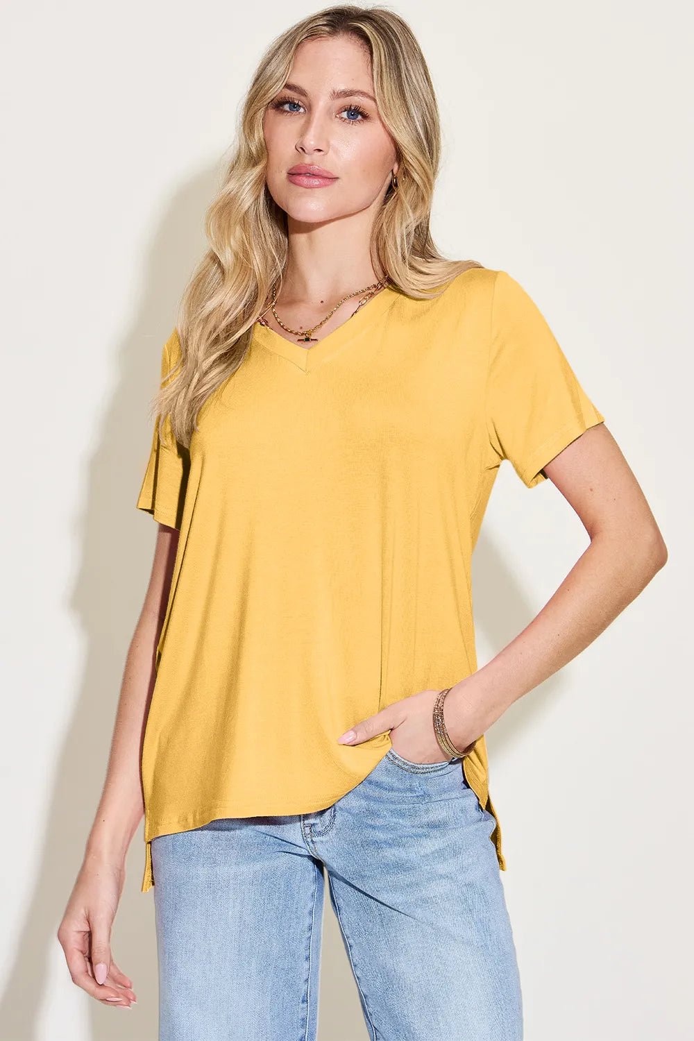 Basic Bae Bamboo Full Size V - Neck High - Low T-Shirt - Crowned Energy CO.