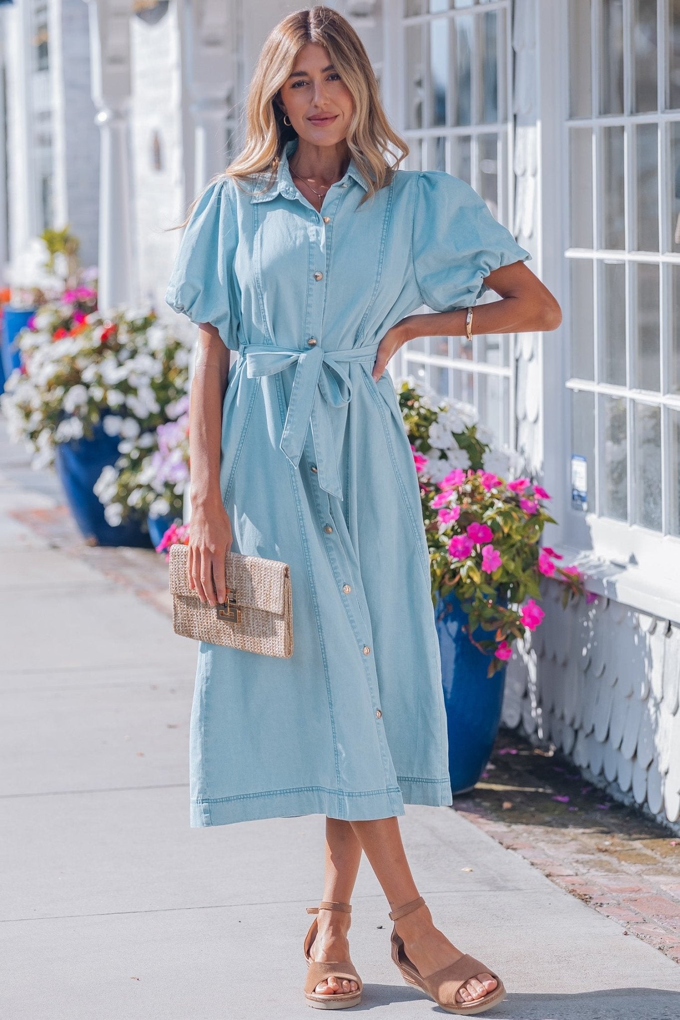 Beau Blue Full Buttons Collared Short Bubble Sleeve Long Denim Dress - Crowned Energy CO.