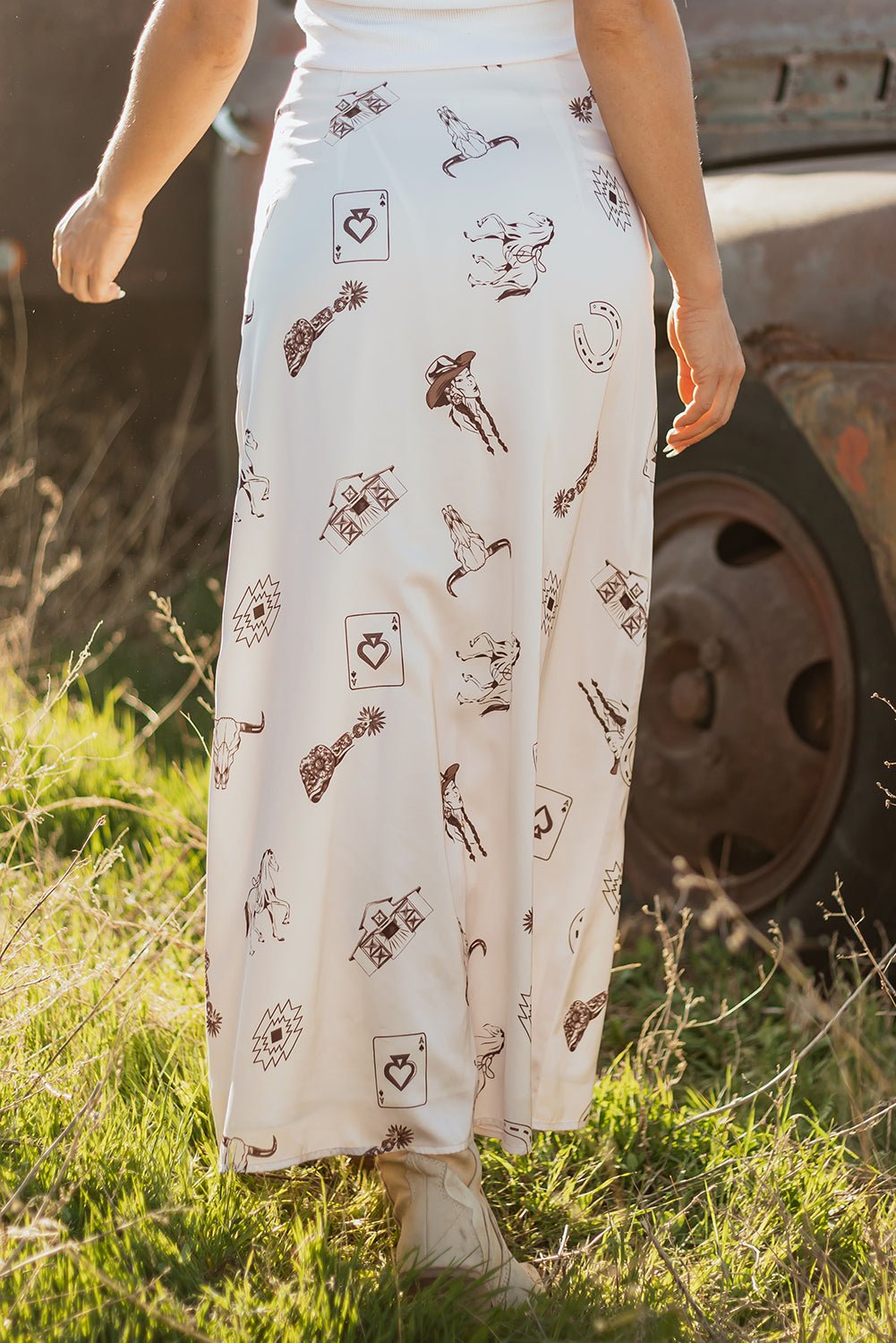 Beige Western Print Satin Long Skirt - Crowned Energy CO.