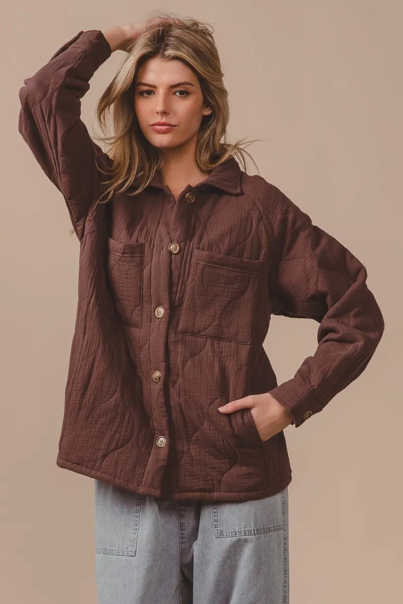 Crowned Energy CO. MOCHA / S Trendsi Jackets BiBi Quilted Wrinkle Gauze Long Sleeve Shacket