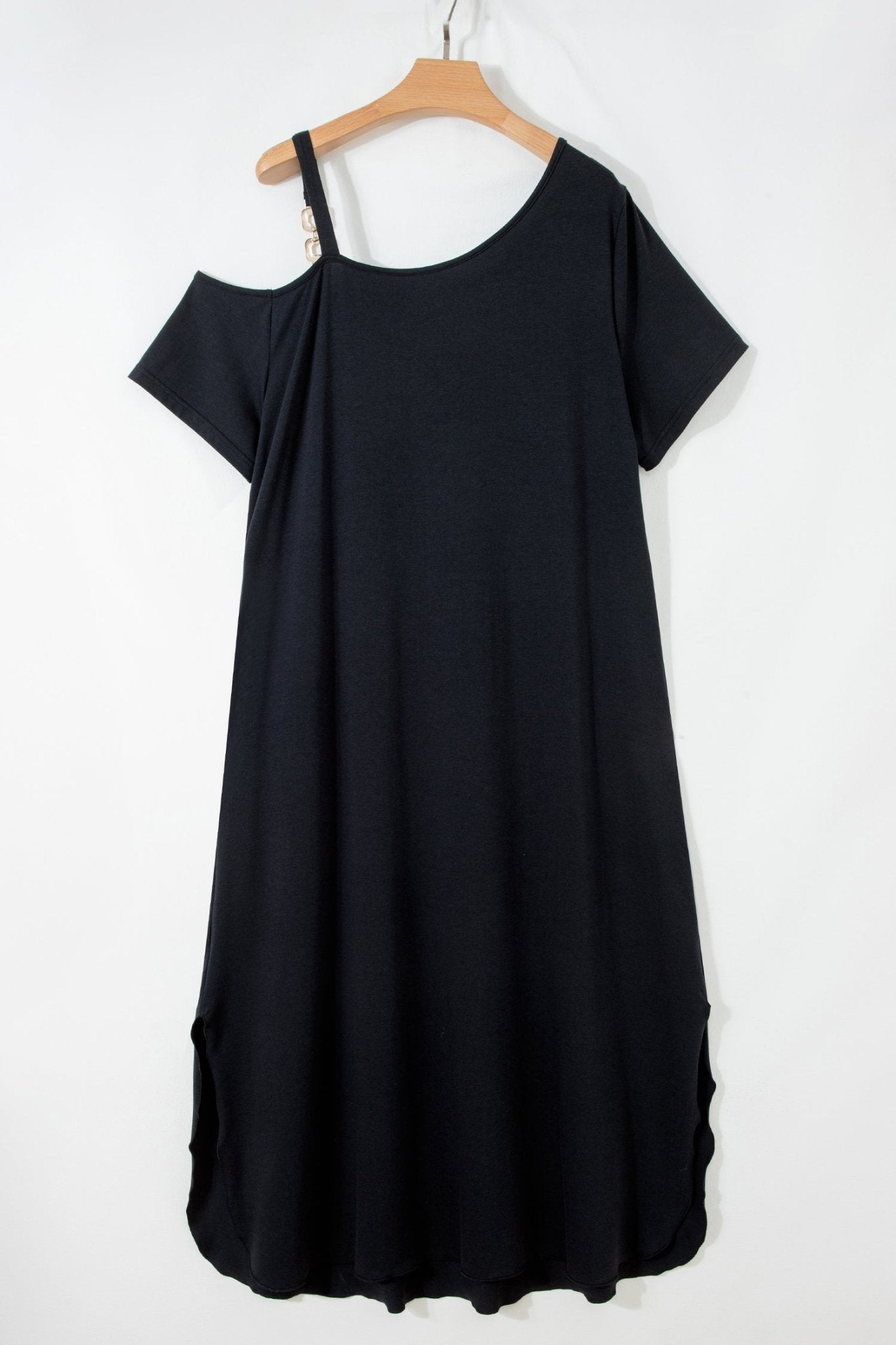 Black Asymmetric Shoulder Detail Short Sleeve Plus Size Maxi Dress - Crowned Energy CO.