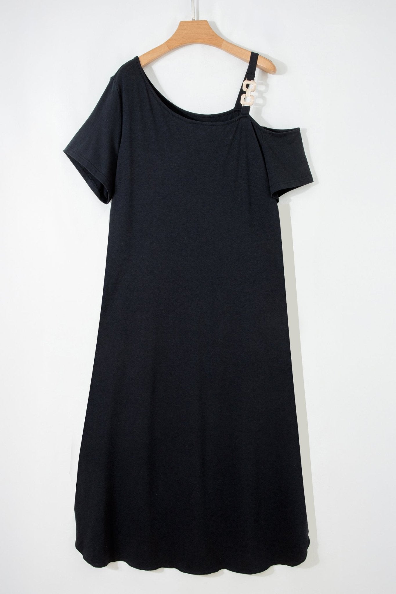 Black Asymmetric Shoulder Detail Short Sleeve Plus Size Maxi Dress - Crowned Energy CO.