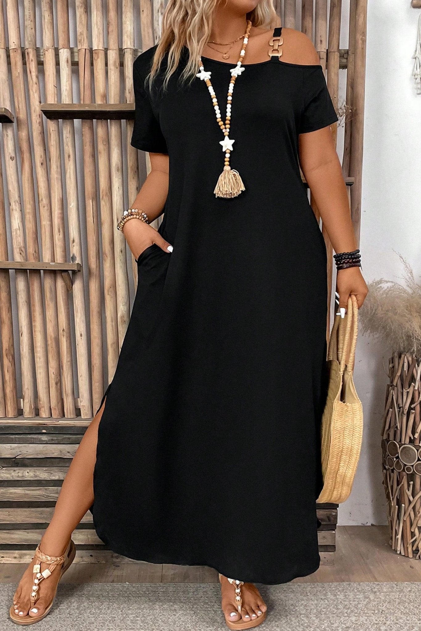 Black Asymmetric Shoulder Detail Short Sleeve Plus Size Maxi Dress - Crowned Energy CO.
