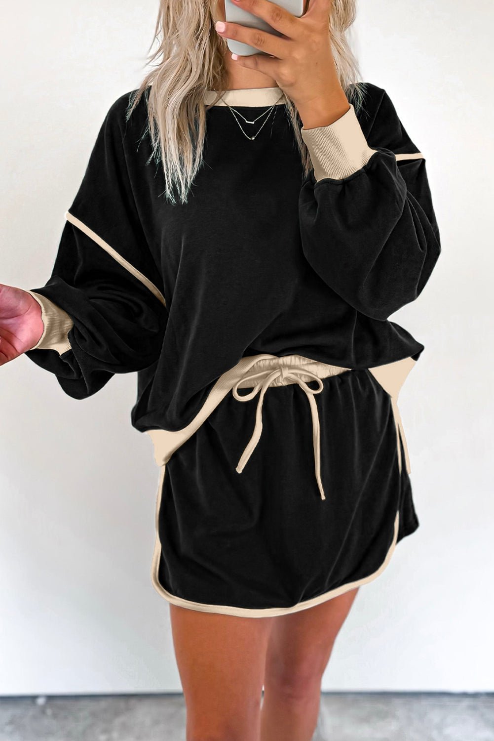 Crowned Energy CO. Black / S / 65%Polyester+35%Cotton Dear-Lover Dropshipping Two Piece Sets/Two Piece Dresses Black Color Contrast Loose Pullover and Lace-up Waist Skort Set