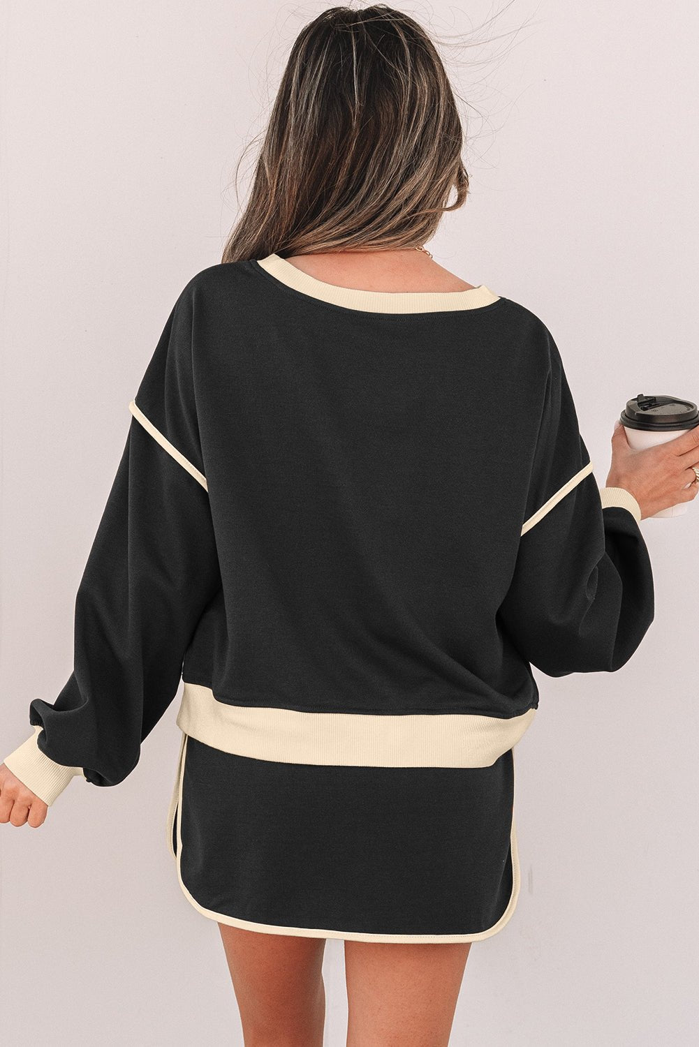 Crowned Energy CO. Black / S / 65%Polyester+35%Cotton Dear-Lover Dropshipping Two Piece Sets/Two Piece Dresses Black Color Contrast Loose Pullover and Lace-up Waist Skort Set