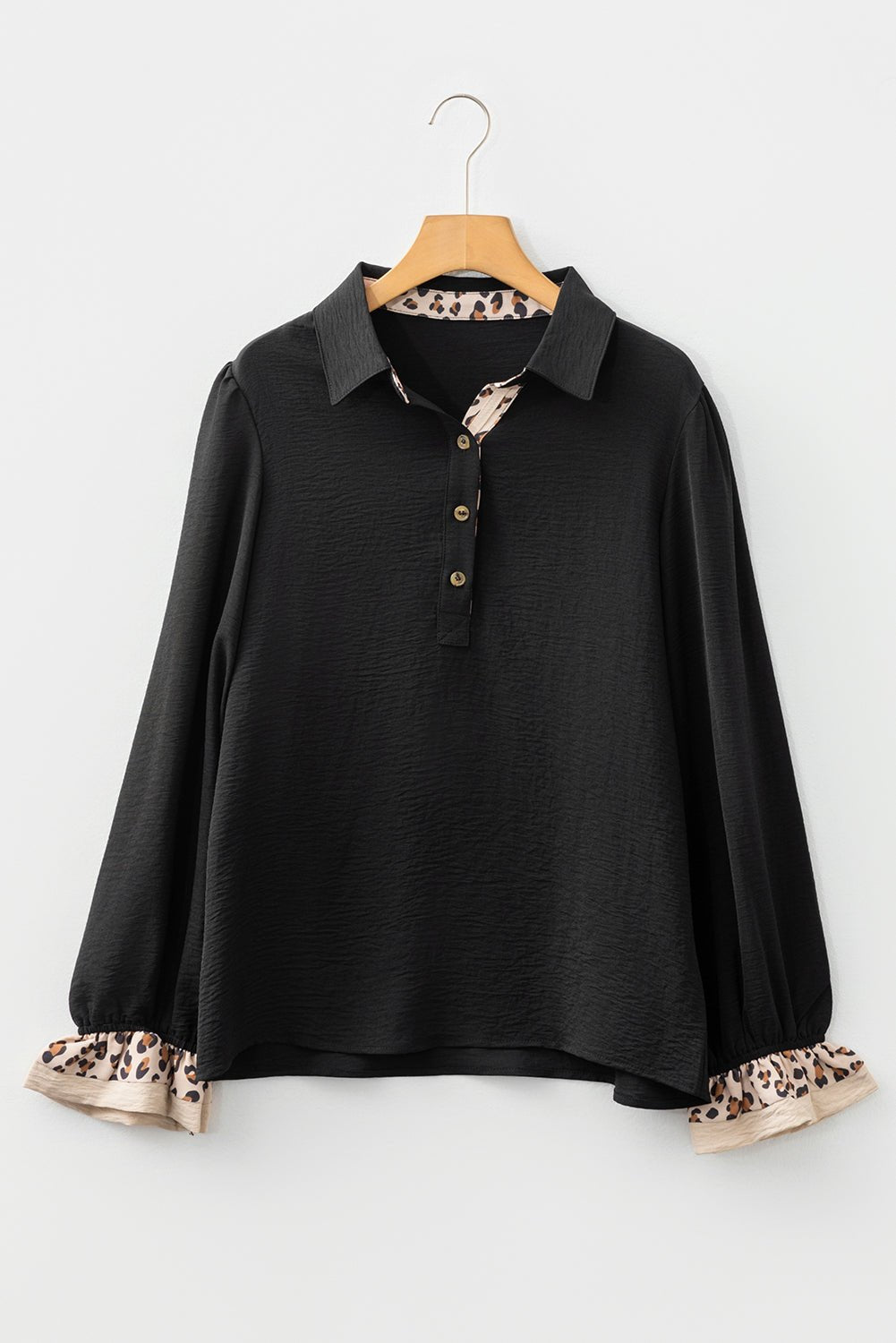 Black Contrast Leopard Print Patchwork Polo Collar Buttons Front Ruffled Long Sleeve Blouse - Crowned Energy CO.