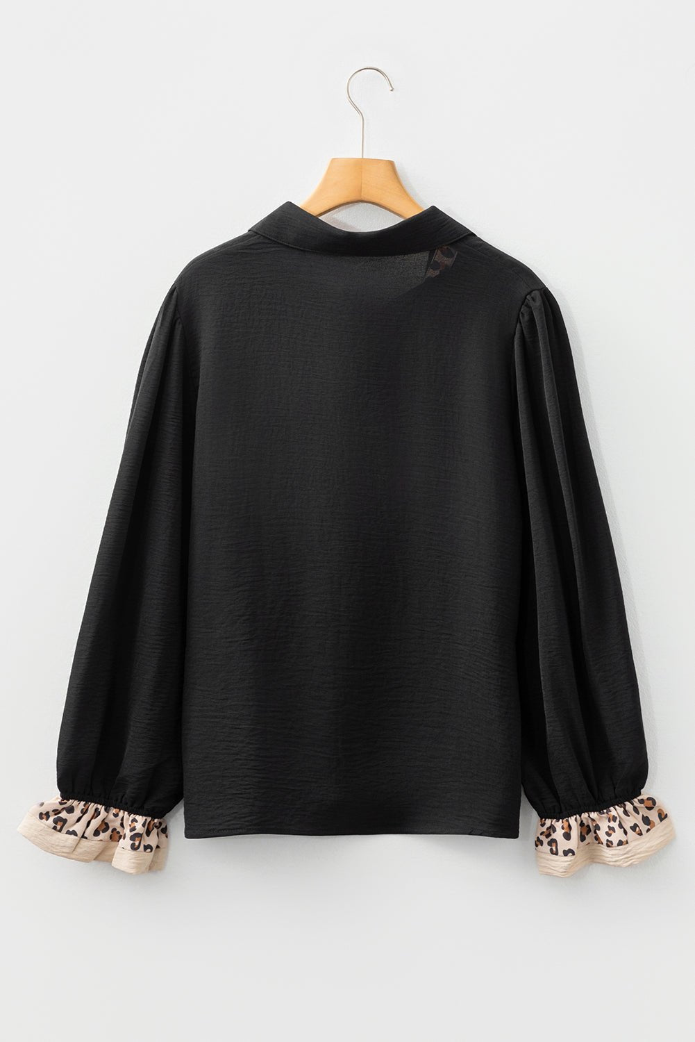 Black Contrast Leopard Print Patchwork Polo Collar Buttons Front Ruffled Long Sleeve Blouse - Crowned Energy CO.