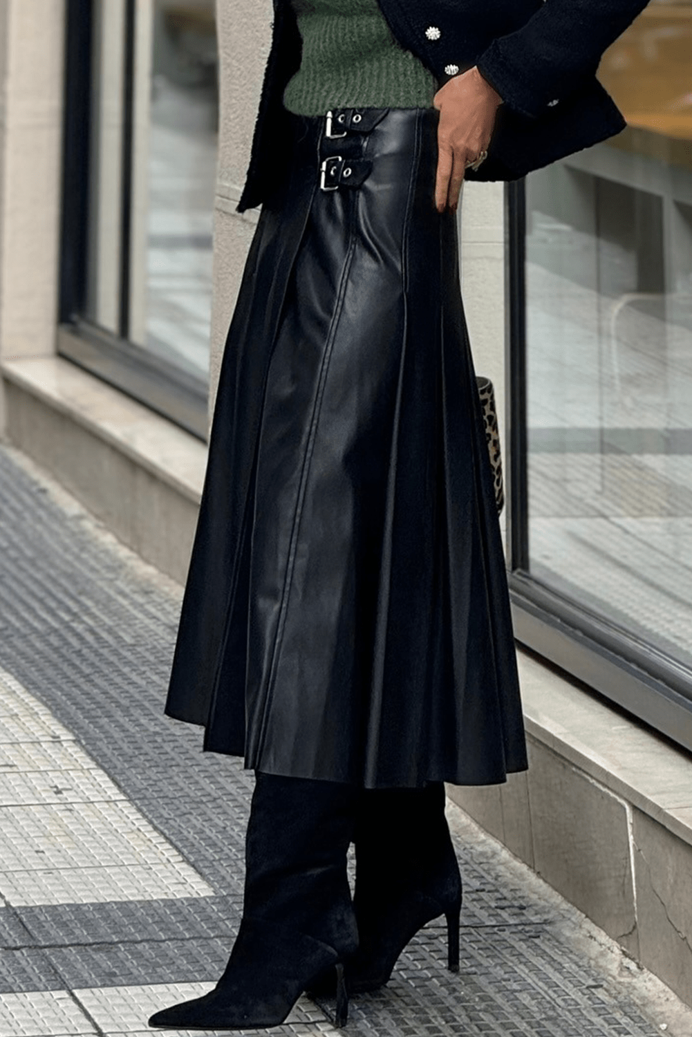 Black Faux Leather Retro Buckle Detail Pleated Stitch Flared Midi Skirt - Crowned Energy CO.