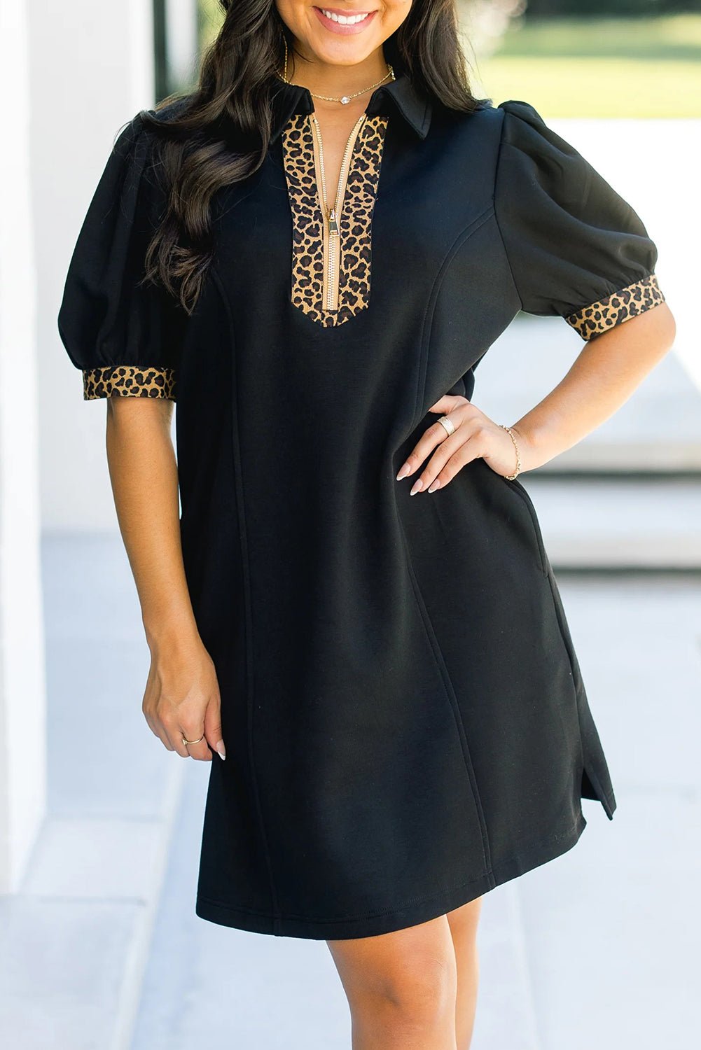 Black Leopard Patchwork Zip Collared Short Puff Sleeve Shift Mini Dress - Crowned Energy CO.