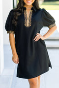 Black Leopard Patchwork Zip Collared Short Puff Sleeve Shift Mini Dress - Crowned Energy CO.