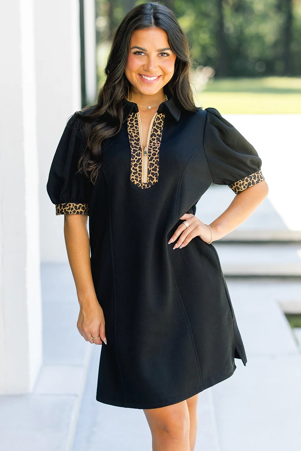 Black Leopard Patchwork Zip Collared Short Puff Sleeve Shift Mini Dress - Crowned Energy CO.