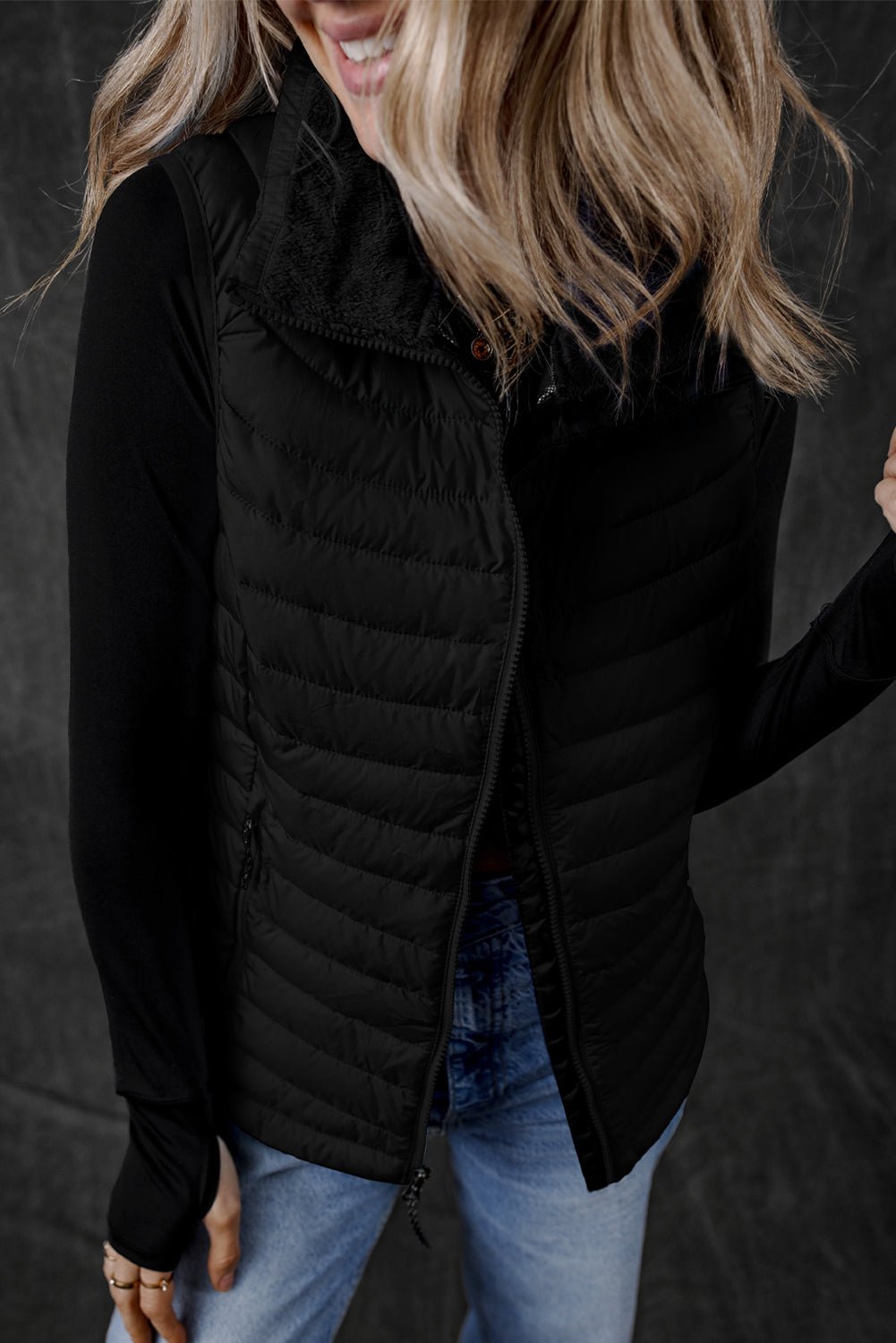 Black Plush Collared Quilted Zipped Puffer Vest - Crowned Energy CO.