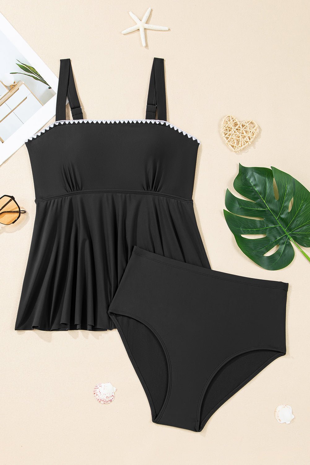 Black Spaghetti Straps Contrasted Ricrac Trim Flared Tankini 2pcs Swimsuit - Crowned Energy CO.