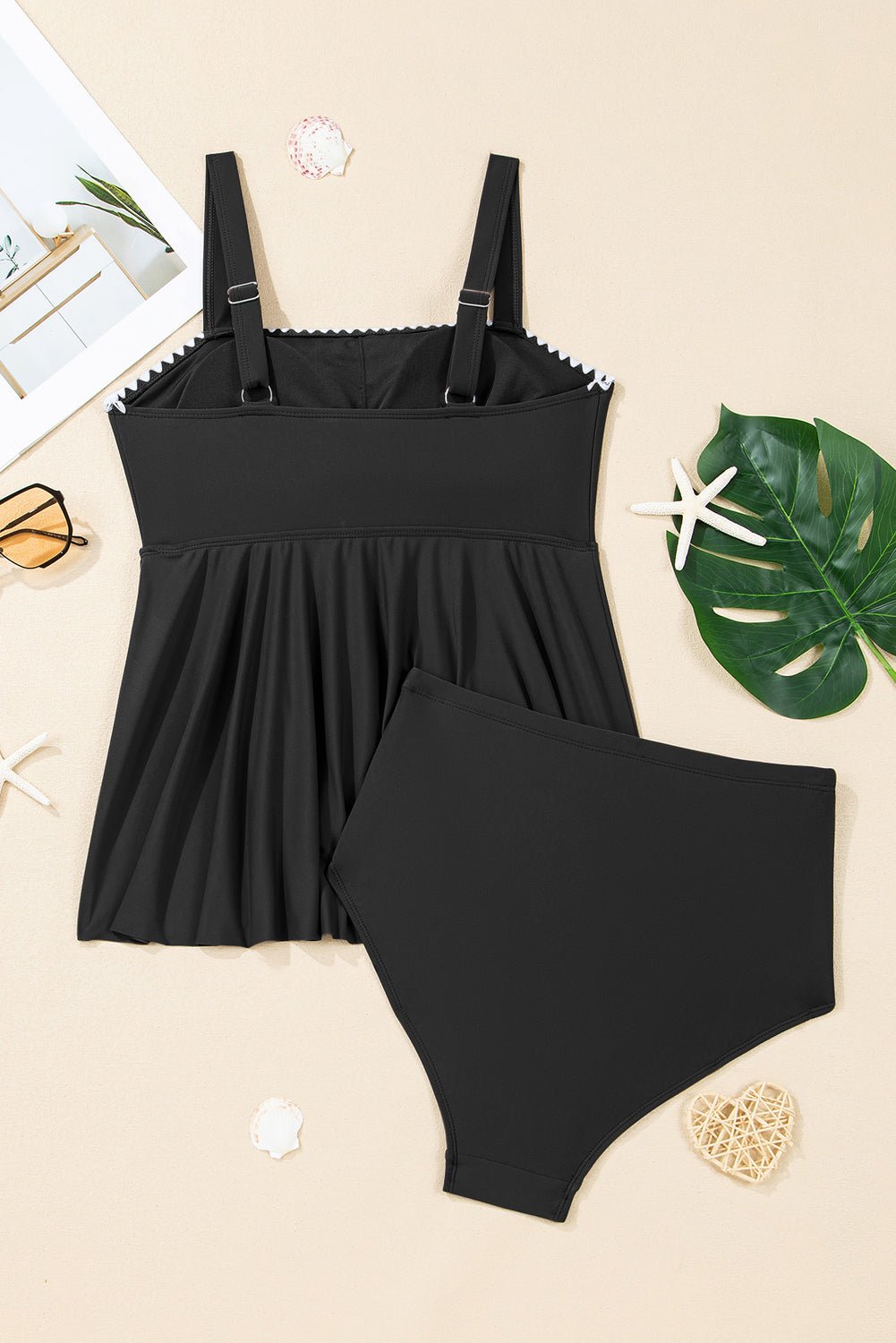 Black Spaghetti Straps Contrasted Ricrac Trim Flared Tankini 2pcs Swimsuit - Crowned Energy CO.