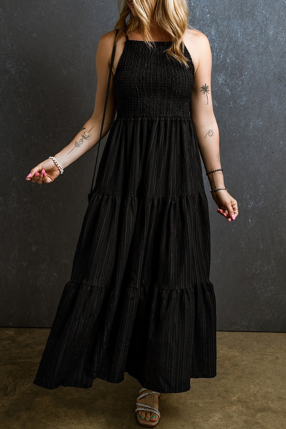 Black Spaghetti Straps Smocked Pleated Tiered Maxi Dress - Crowned Energy CO.