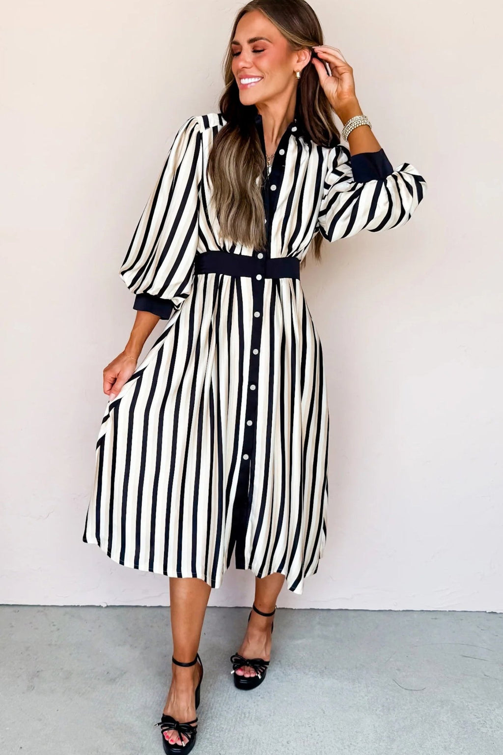 Black Stripe 3/4 Puff Sleeve Shirt Style Button Down Midi Dress - Crowned Energy CO.