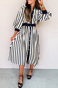 Black Stripe 3/4 Puff Sleeve Shirt Style Button Down Midi Dress - Crowned Energy CO.