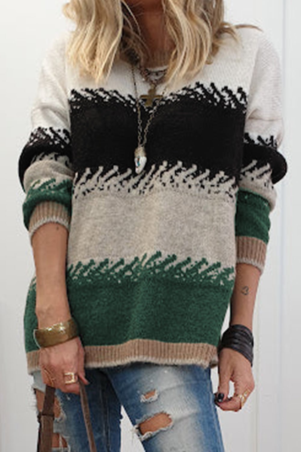 Crowned Energy CO. Black / S / 52%Viscose+26%Polyester+22%Polyamide Dear-Lover Dropshipping Sweaters & Cardigans/Sweaters Black Stylish Color Block Pattern Drop Shoulder Sweater