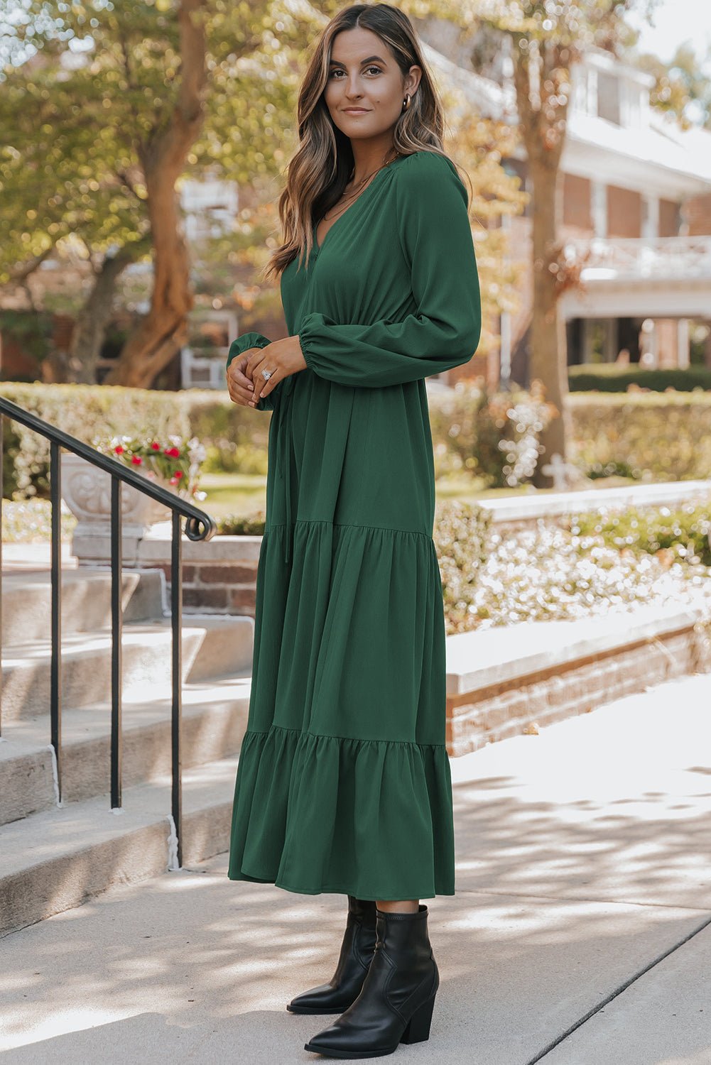 Blackish Green Solid Long Sleeve Button V Neck Tiered Maxi Dress - Crowned Energy CO.