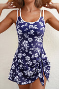 Blue Crossed Back Floral Print Asymmetric Knot Side One Piece Swimsuit - Crowned Energy CO.