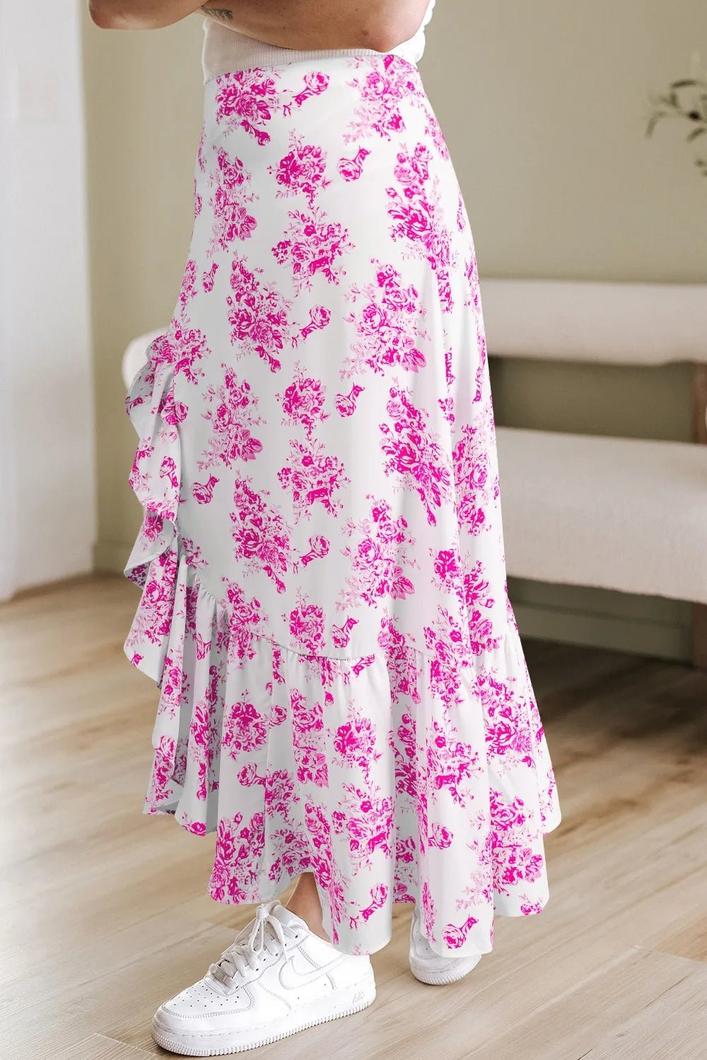 Crowned Energy CO. Pink / S Trendsi Skirt Boho Floral High Waist Ruffle Split Maxi Skirt