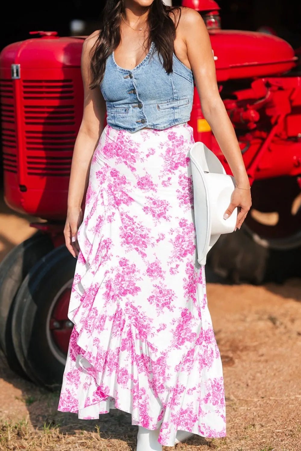 Crowned Energy CO. Pink / S Trendsi Skirt Boho Floral High Waist Ruffle Split Maxi Skirt