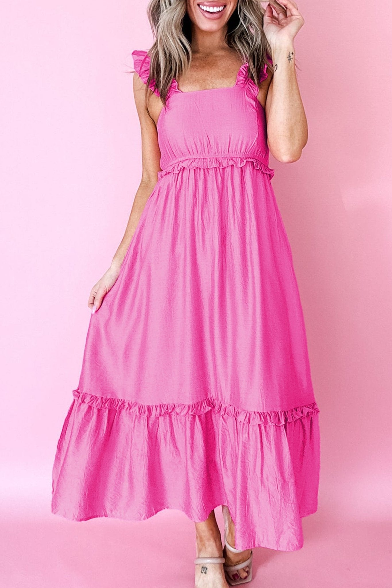 Bonbon Solid Color Ruffle Trim High Waist Sleeveless Maxi Dress - Crowned Energy CO.