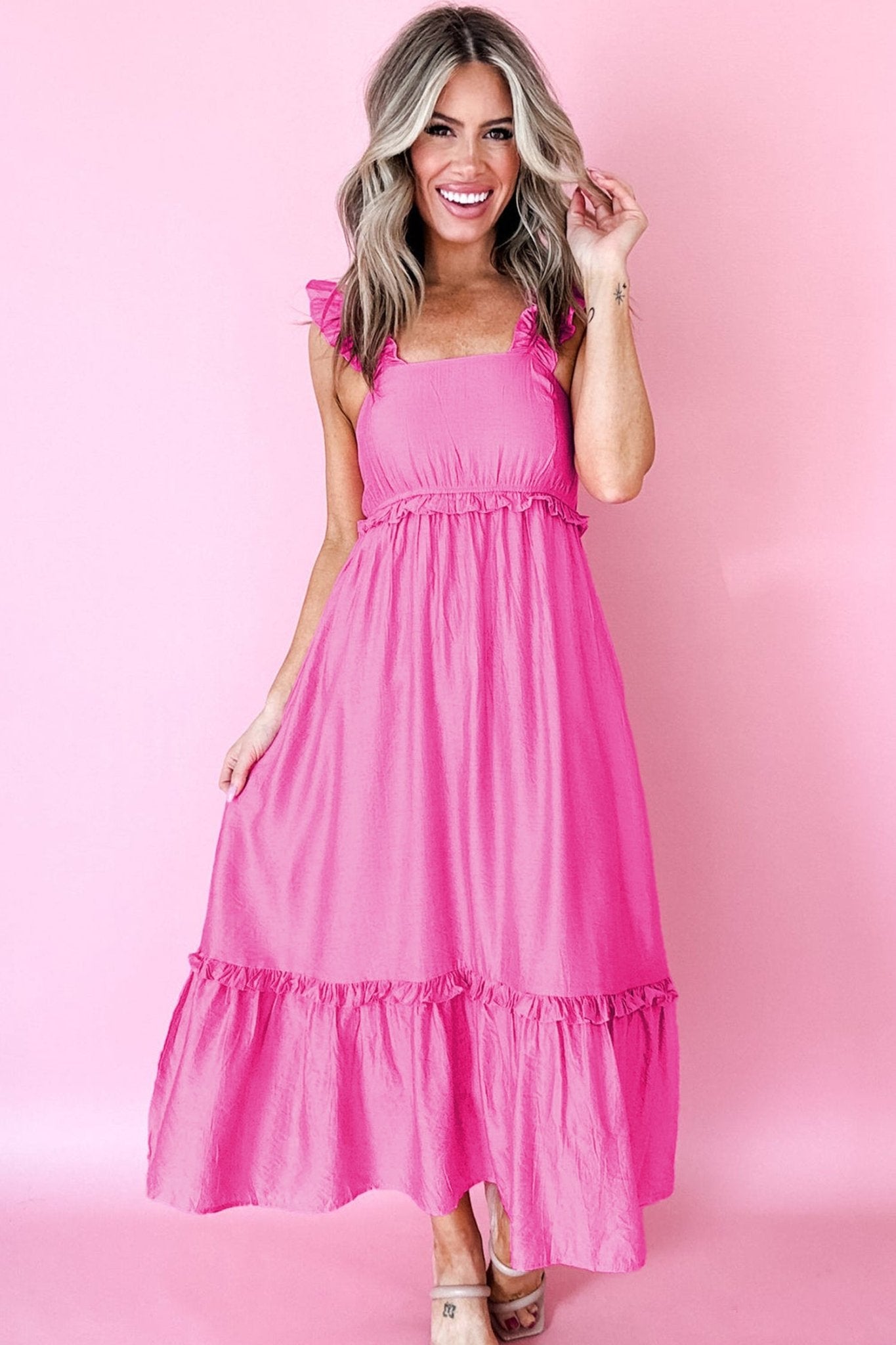 Bonbon Solid Color Ruffle Trim High Waist Sleeveless Maxi Dress - Crowned Energy CO.