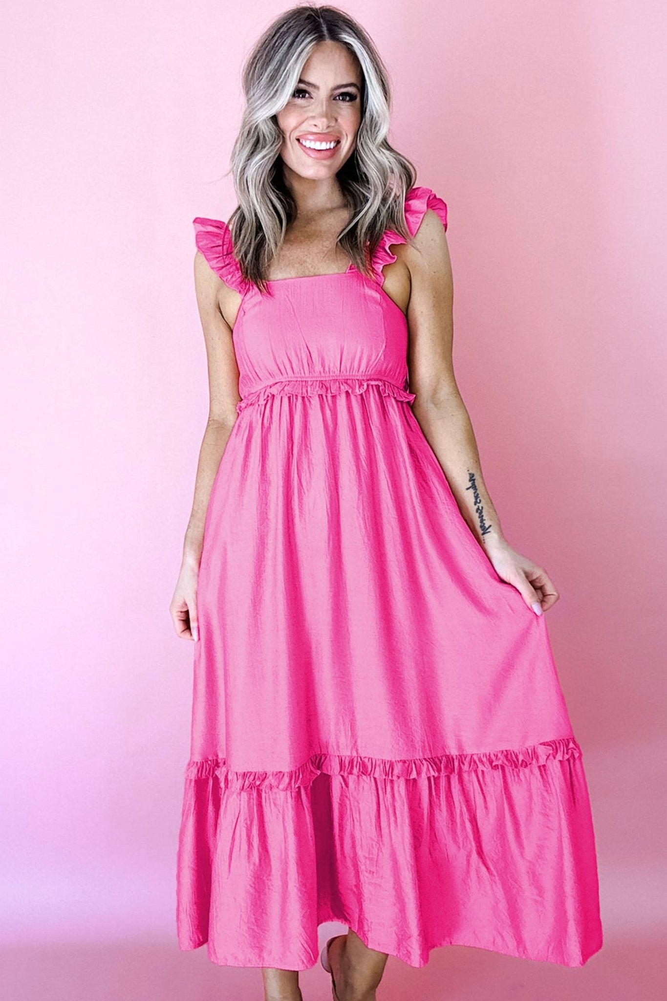 Bonbon Solid Color Ruffle Trim High Waist Sleeveless Maxi Dress - Crowned Energy CO.