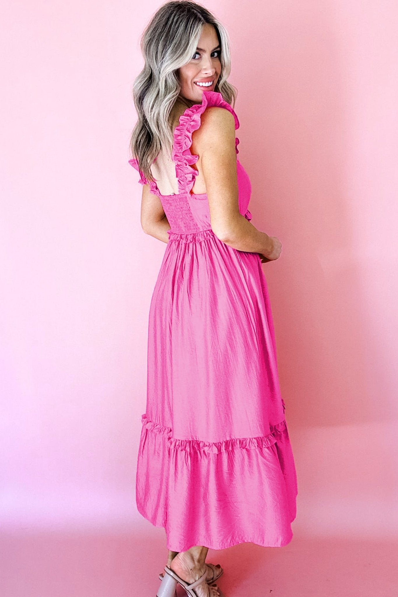 Bonbon Solid Color Ruffle Trim High Waist Sleeveless Maxi Dress - Crowned Energy CO.