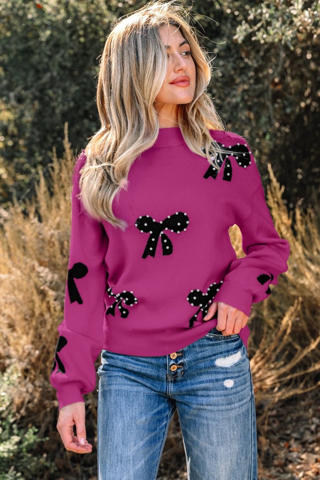 Bright Pink Pearl Embellished Bow Pattern Loose Sweater - Crowned Energy CO.