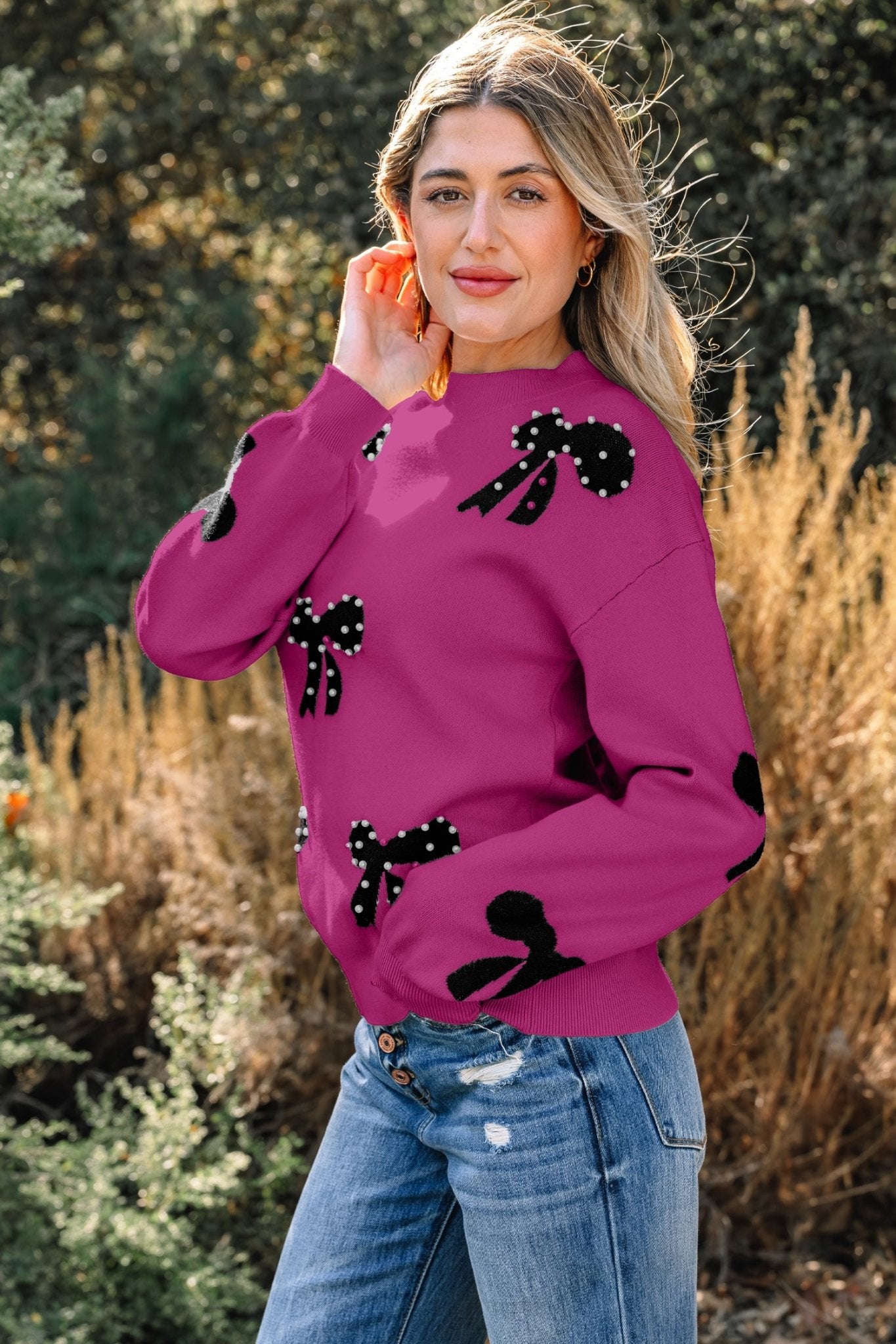 Bright Pink Pearl Embellished Bow Pattern Loose Sweater - Crowned Energy CO.