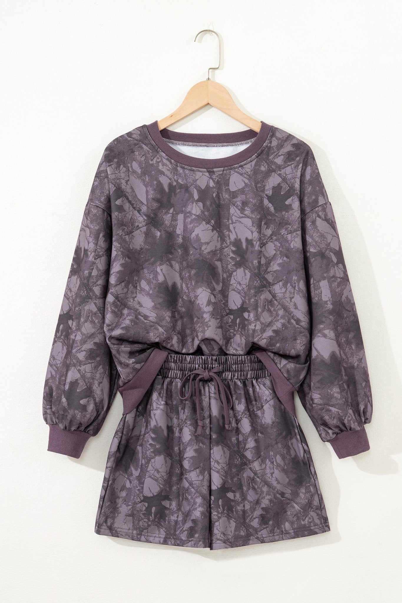 Brown Abstract Woodland Camo Print Baggy Pullover Drawstring Shorts Set - Crowned Energy CO.