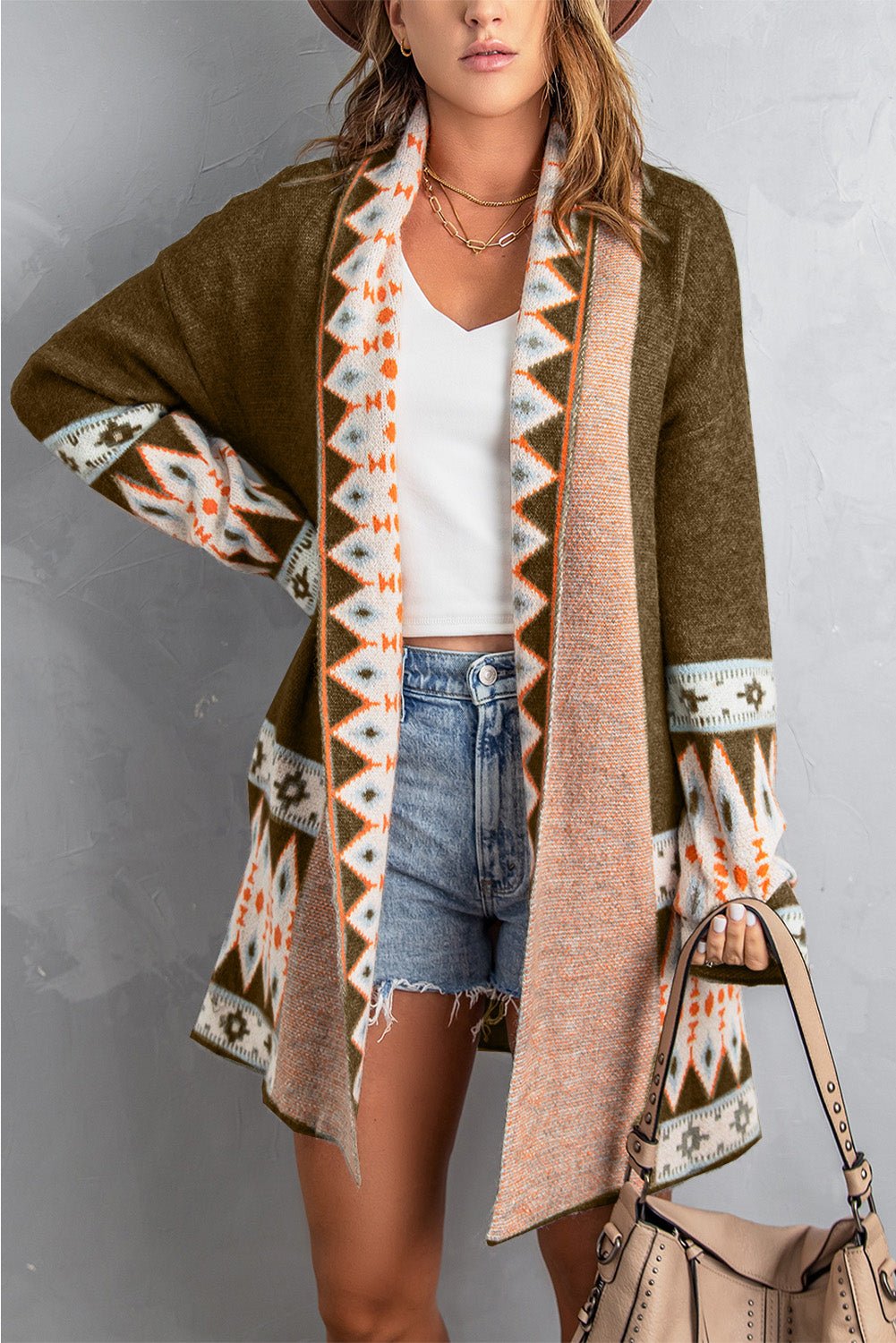Brown Aztec Print Open Front Knitted Cardigan - Crowned Energy CO.