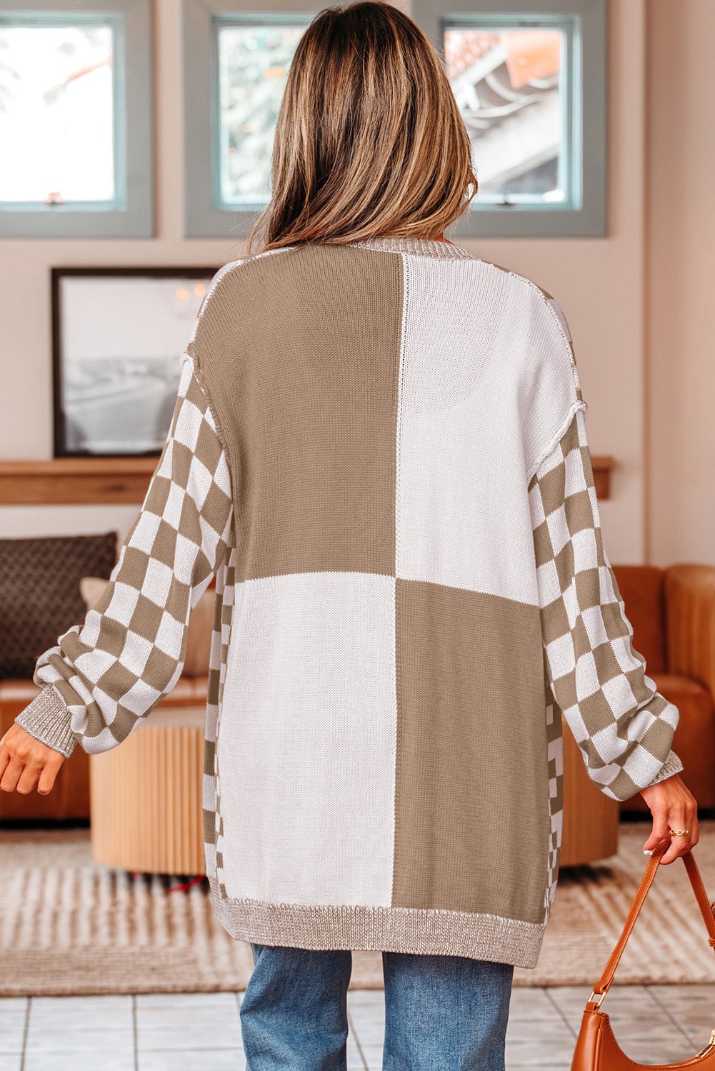 Brown Checkered Open Front Drop Shoulder Cardigan - Crowned Energy CO.