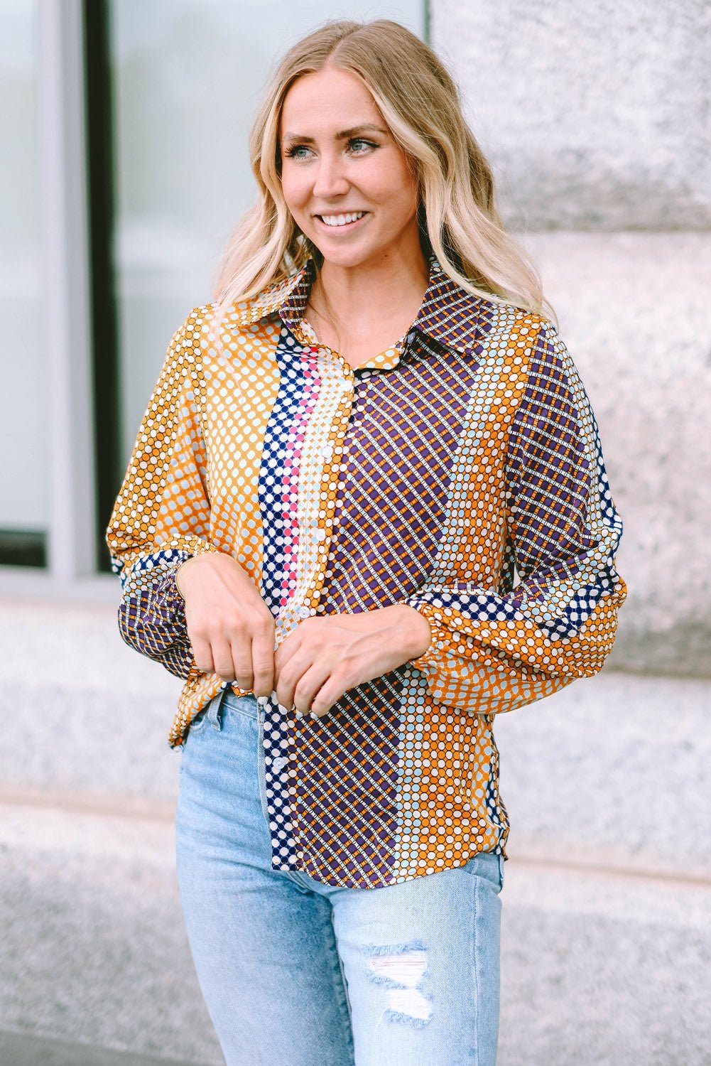 Brown Dot Print Long Sleeve Button Down Shift Shirt - Crowned Energy CO.