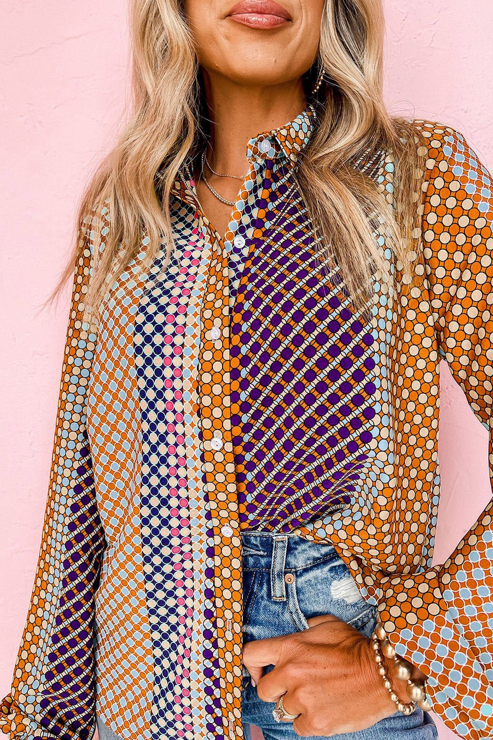 Brown Dot Print Long Sleeve Button Down Shift Shirt - Crowned Energy CO.