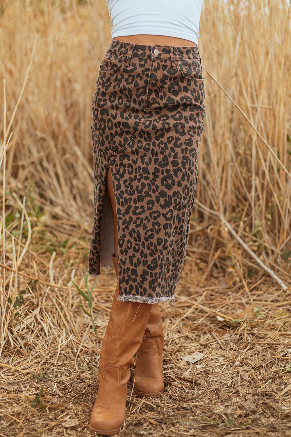 Brown Leopard Denim Frayed Split Denim Midi Skirt - Crowned Energy CO.
